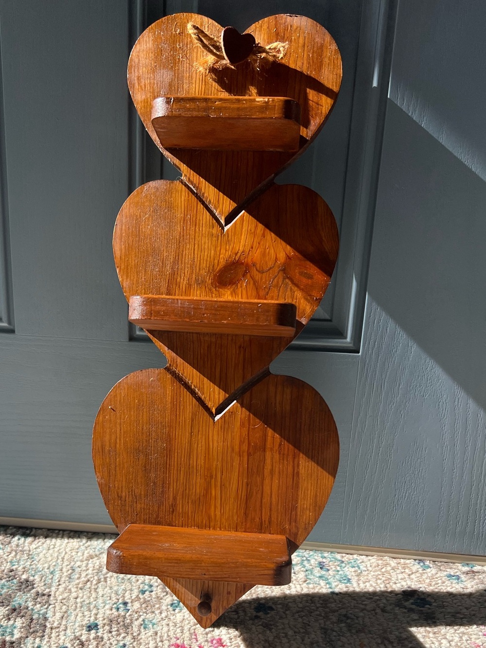 Vintage Cottage Core Solid Wood Triple Heart Wall Shelf with Key peg